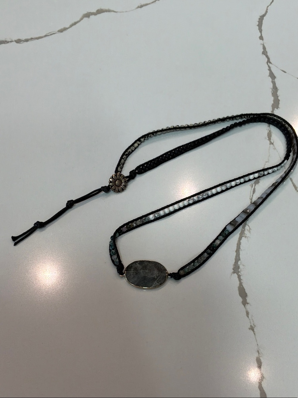 Cowboy Cowgirl Hat Band Teal Green Boho Black Leather Wrap Necklace Oval Stone